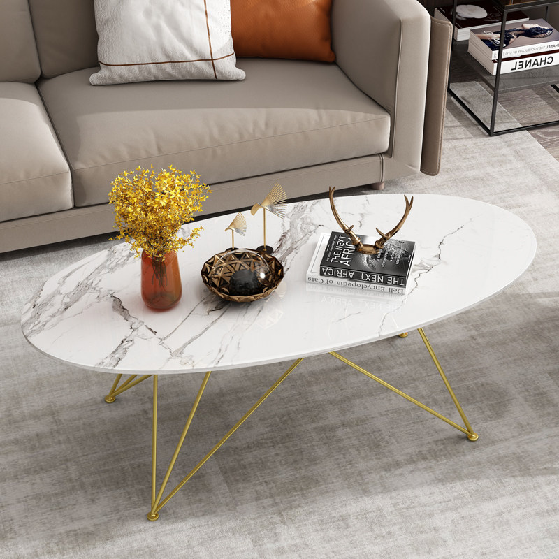 Nordic oval marble coffee table living room wrought iron simple small apartment golden tea table light luxury model room furniture