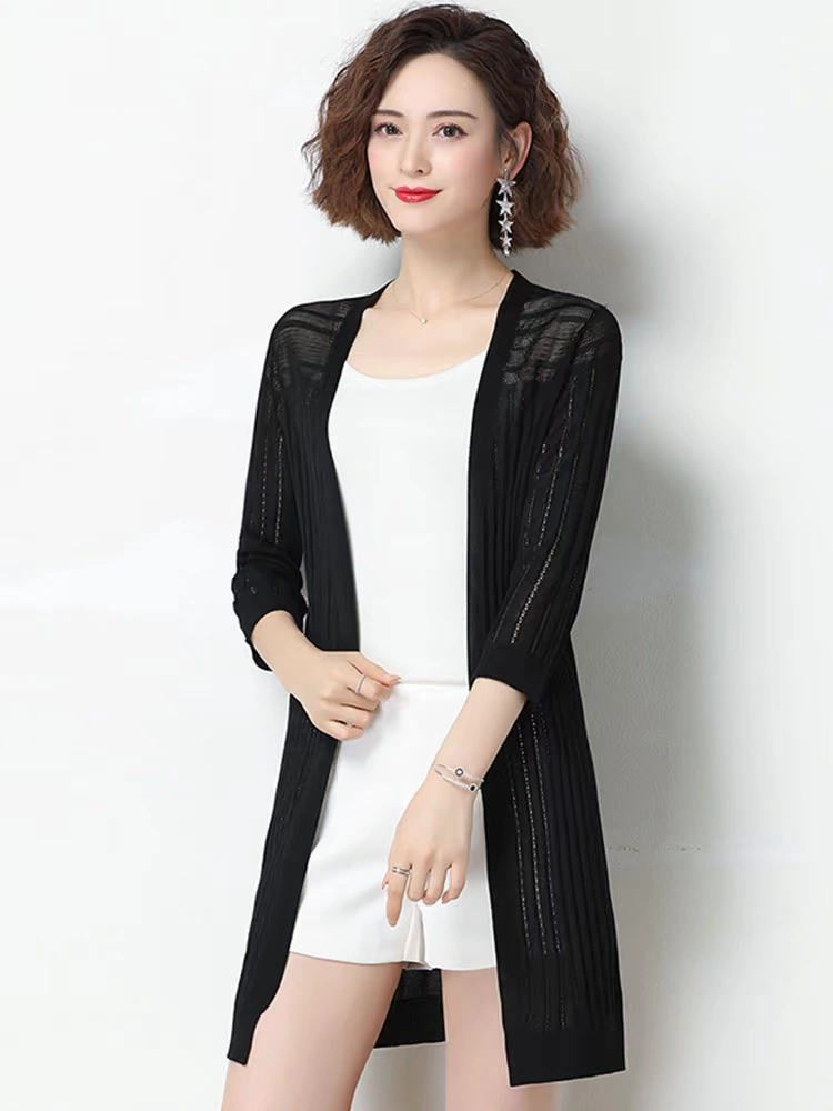 Áo len dệt kim lụa tơ tằm giữa mùa hè dài của phụ nữ áo choàng mỏng dài với váy sườn xám và khăn choàng - Cardigan