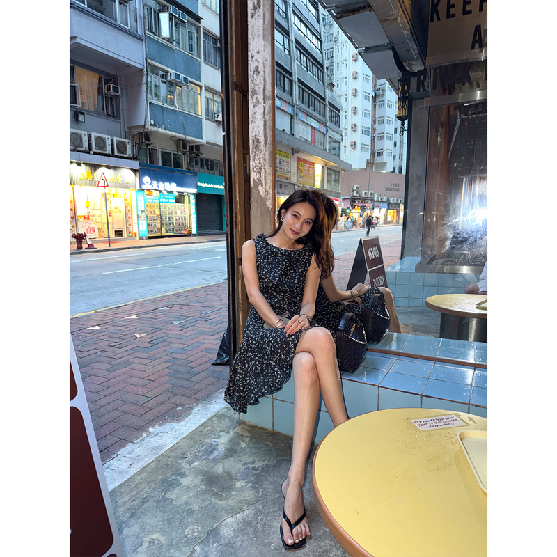 Reliable Keep Kapu Floral Overture 100% Ramie Pleated Small Floral Dress with Exquisite Round Neck A-Line Skirt