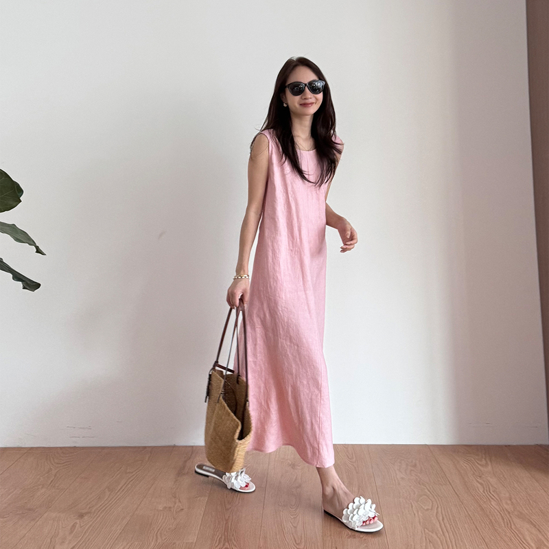 Reliable Keep Kapu 100% Linen Pink Adjustable Strap Sleeveless Tank Dress for Women Summer