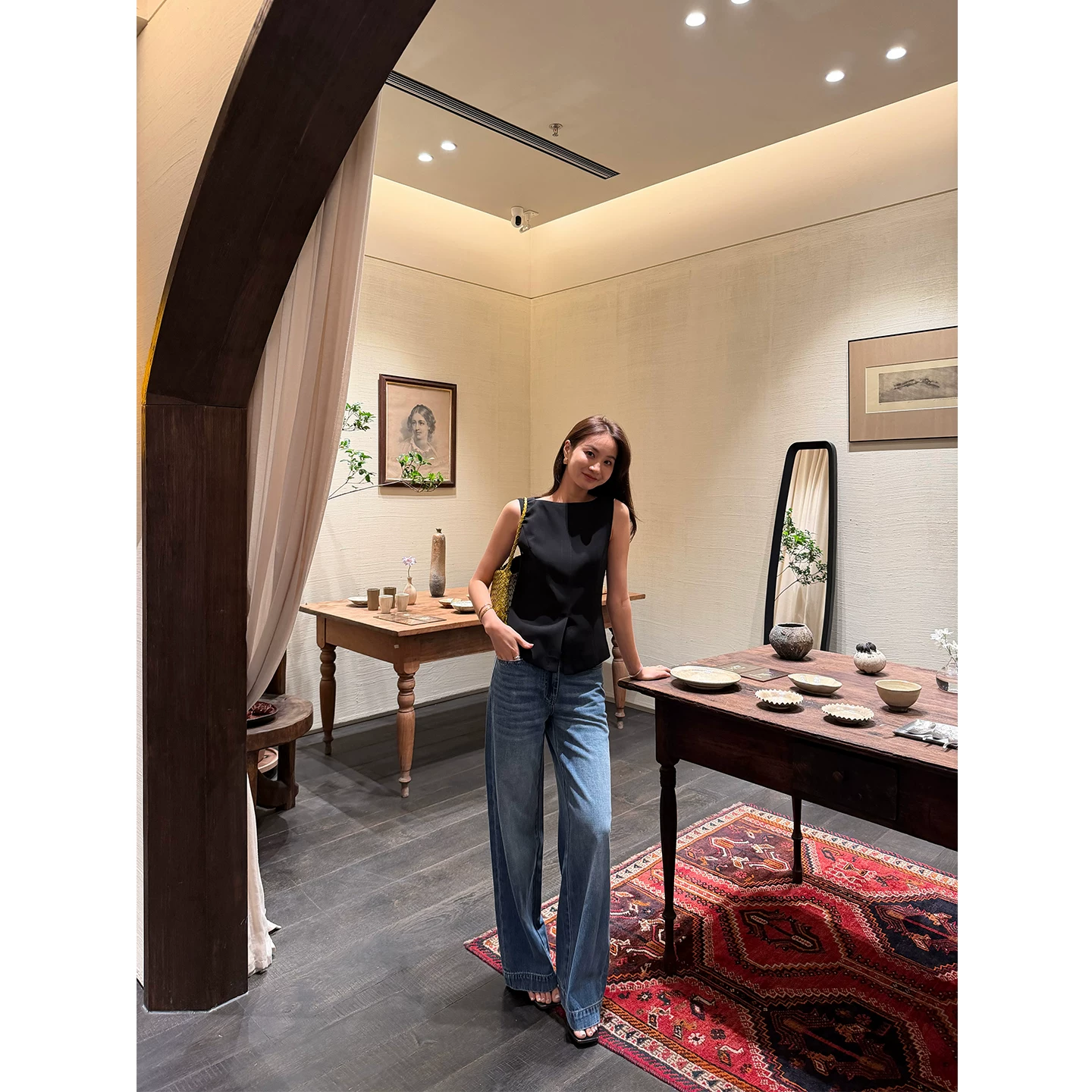 T-shirt sleevless, skirt, trousers, set, loose straight fit, 3 piece set