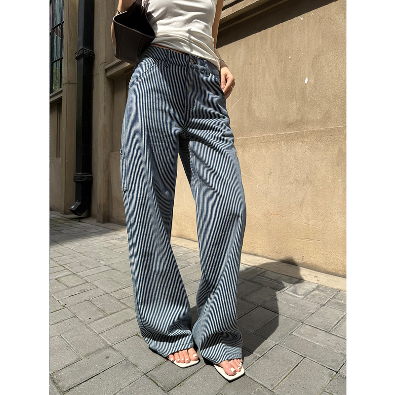 Reliable Keep Kapu Blues Retro Washed Cargo Pants Blue and White Striped Simple Jeans for Women