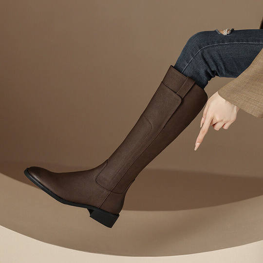 Tatalory Women's Shoes Brown Retro Over-The-Knee Slimming Long Boots Women's Boots Autumn and Winter Long Knight Boots Genuine Leather