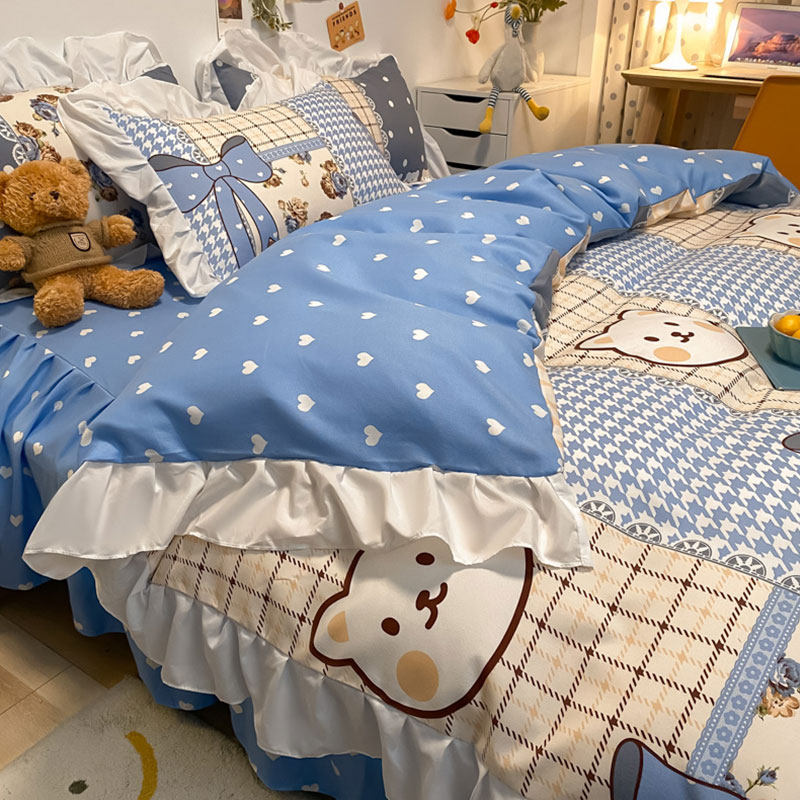 Ruosu ins princess wind brushed lace four-piece bed sheet bed skirt quilt cover student dormitory cartoon three-piece set 4