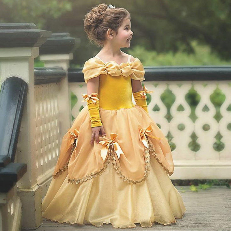Princess Belle Princess Dress Fluffy Flower Boy Long Wedding Dress Girl lined up with children's evening dress noble yellow