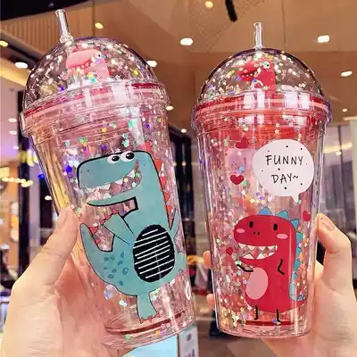 ins Net red dinosaur doll with straw water cup female student Korean version of high value anti-fall creative plastic accompanying Cup