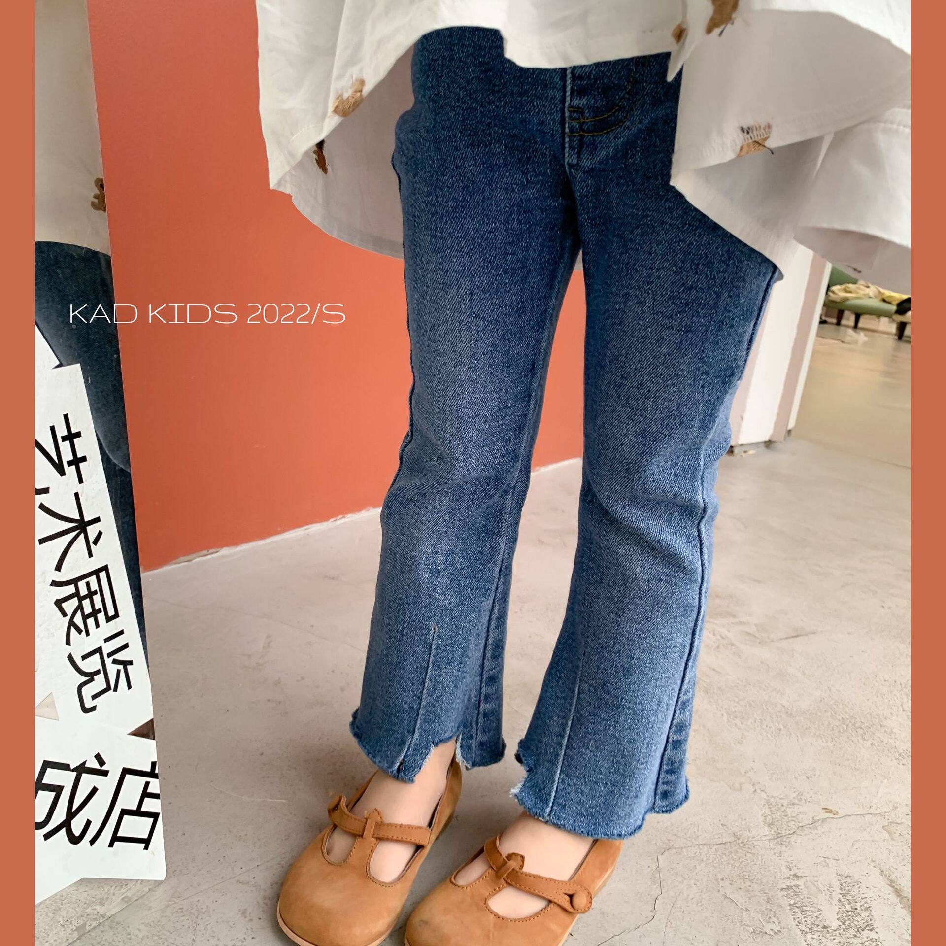 2022 spring autumn new Korean version girl elastic jeans female baby casual open fork horn pants girl inside lap pants
