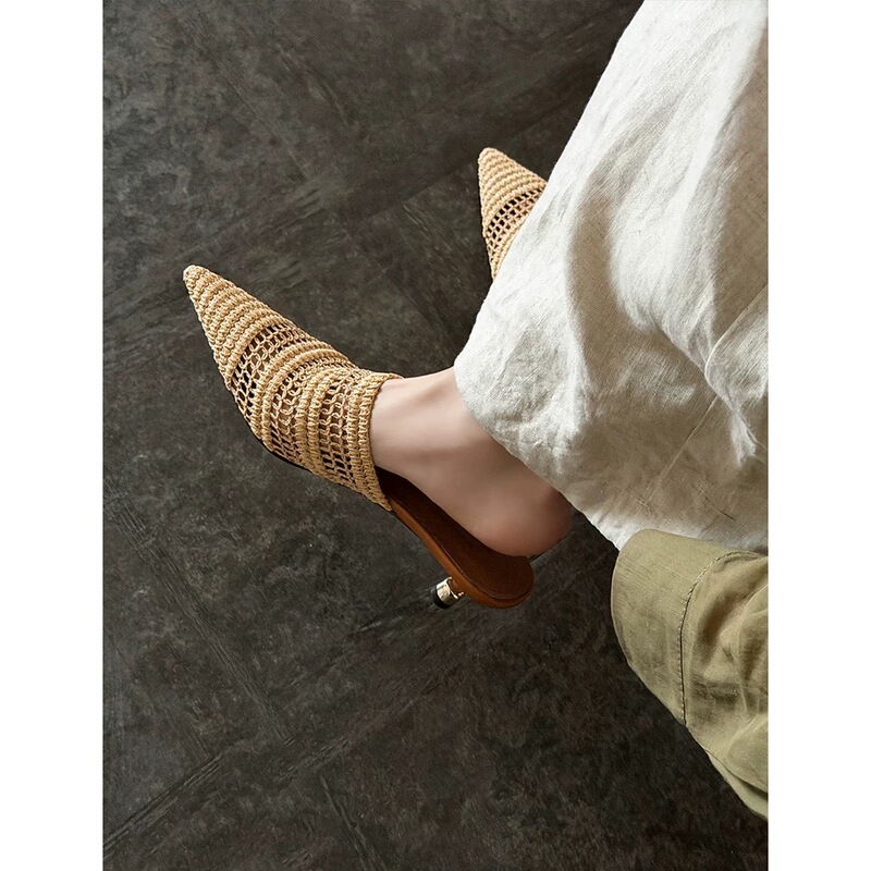 French-Style Straw-Woven Pointed-Toe Stiletto Mules for Women, Summer Lazy Vacation Style Half-Covered Sandals, High-Heeled Sandals