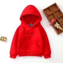 Children plus velvet clothing Baby winter style Lianhood blouse boy girl China red double layer thickened warm jacket