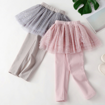 Girl Skirt Pants Children Spring Autumn Pure Cotton Spanked Underpants Dress Thin and fake Two fluffy mesh yarn baby outside wearing long pants