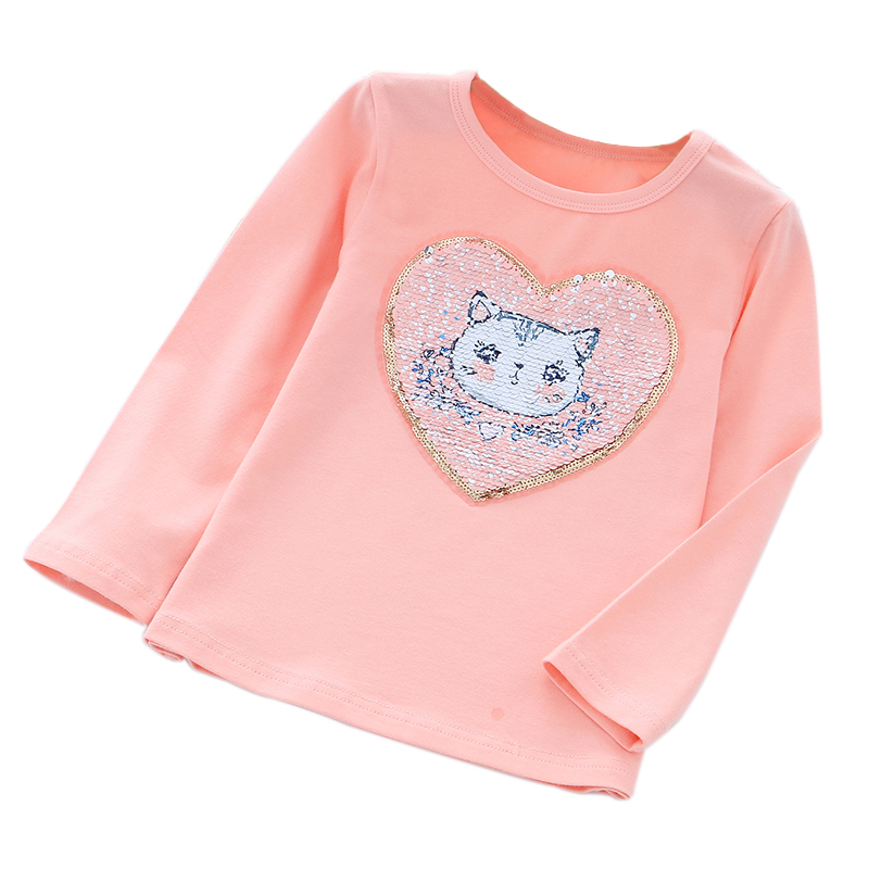 Girl sequin dài tay Ed-shirt rung lên với cùng phim hoạt hình nước ngoài khí T-shirt bé mùa xuân và mùa thu bông đầu mỏng.