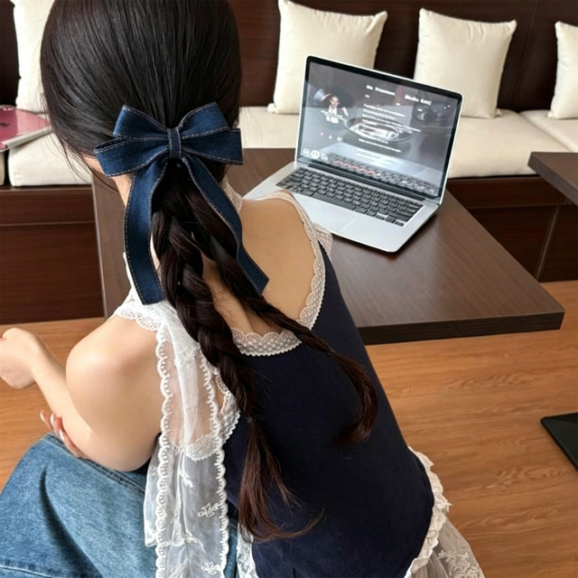 Denim long webbing moon twist clip Summer sweet and cool western denim bow ribbon streamer moon dense tooth twist clip