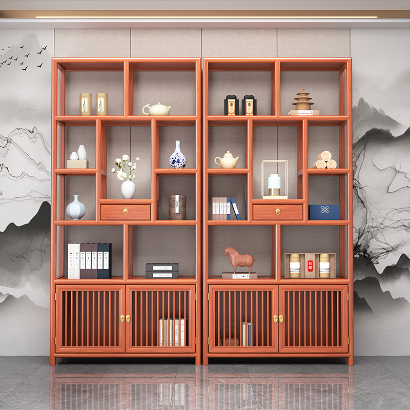 New Chinese-Style Solid Wood Display Cabinet for Office, Tea, and Antique Partition Display Bookshelf New Chinese-Style Solid Wood Display Cabinet for Office, Tea, and Antique Partition Display Bookshelf