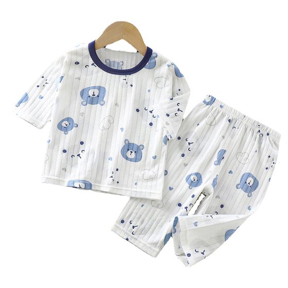 儿童纯棉七分袖空调服套装夏季薄款男女宝短袖家居服睡衣