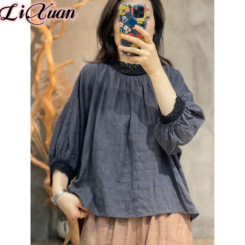 Summer New Style Loose and Versatile Lace Splicing Mori Girl Style Plaid Pullover Shirt Round Neck Plaid Top