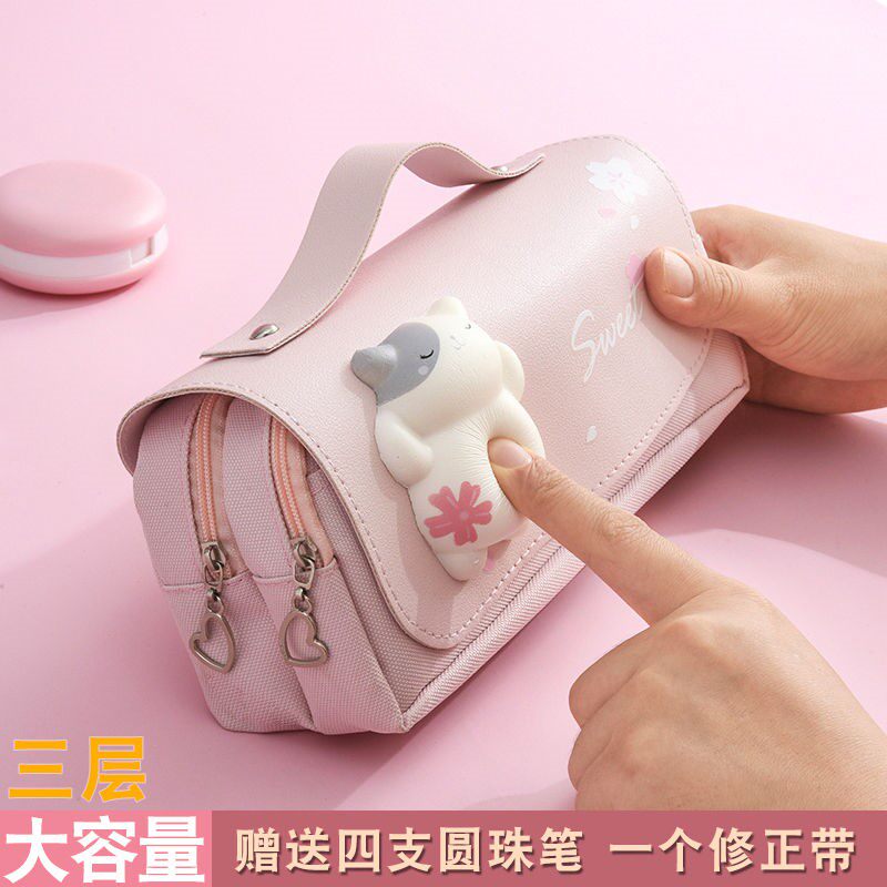 Net red pencil bag primary school girls large-capacity stationery box ins pencil box junior and high school students double-layer canvas stationery bag