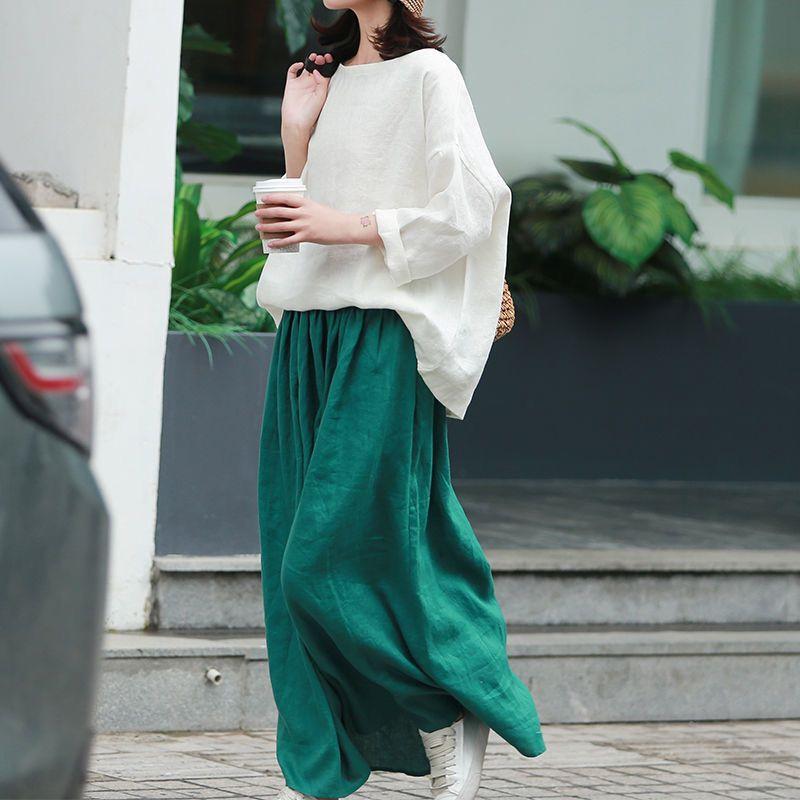 Spring and Summer New Solid Color Artistic Cotton and Linen Top for Women, Knee-Length Green Long Skirt with a Large Hem, Two-Piece Set That Covers the Body Spring and Summer New Solid Color Artistic Cotton and Linen Top for Women, Knee-Length Green Long Skirt with a Large Hem, Two-Piece Set That Covers the Body