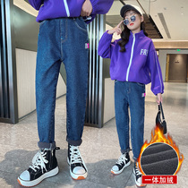 Girls plus velvet jeans Spring and Autumn wear autumn and winter foreign atmosphere in the big children Winter childrens clothing thickened one velvet pants