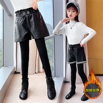 Girls leggings Spring and Autumn wear childrens fake two leather pants little girl foreign Winter children plus velvet pants