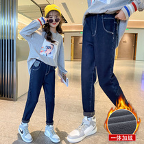 Girls plus velvet jeans winter 2021 new foreign style Children Fashion Spring and Autumn childrens one velvet pants