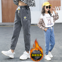 Girls plus velvet jeans Spring and Autumn wear foreign atmosphere autumn and winter children thickened winter childrens one-piece long trousers