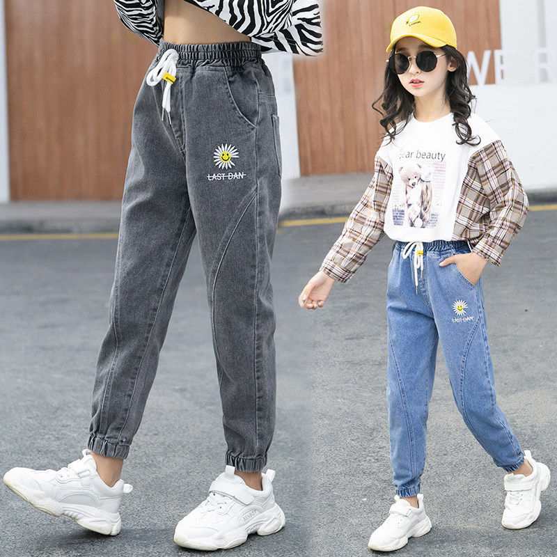 Girls' jeans spring and autumn outer wear 2022 new autumn middle and big children's trousers autumn and winter children's fleece pants
