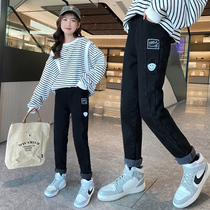 Girls plus velvet jeans autumn and winter wear 2021 new foreign style childrens winter childrens clothing one velvet pants