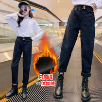 Girls plus velvet pants in autumn and winter wearing foreign-aged childrens pants winter thickened childrens one-piece jeans
