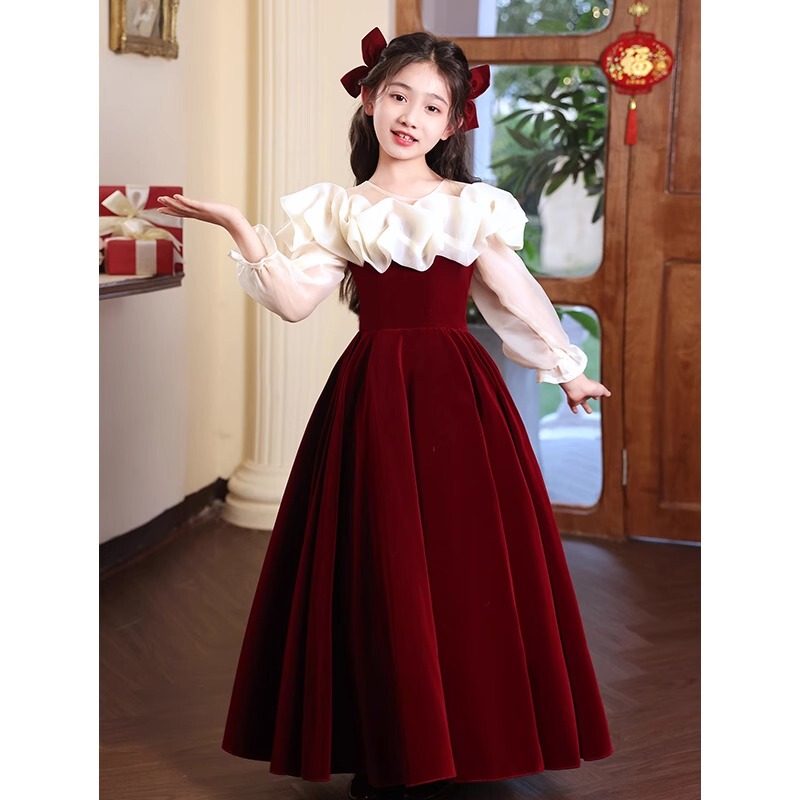 Girls' Red Dress with Long Sleeves, Niche High-End French Style Hostess Princess Dress, Children's Birthday Piano Performance Outfit