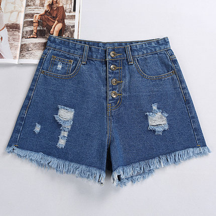 (Giật) Mùa hè trắng quần short denim phụ nữ eo cao khóa lỏng lẻo lỗ viền chân rộng đàn hồi ity mỏng L.