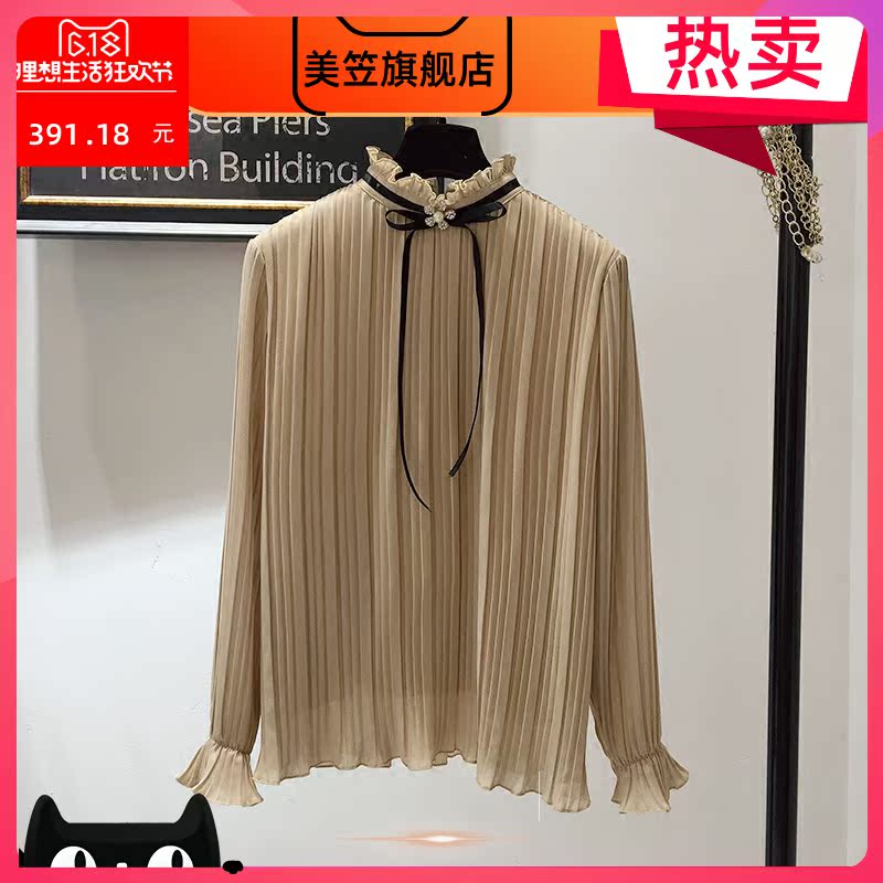 Áo sơ mi dài tay nữ mùa xuân và mùa hè mù khí mới lỏng lớn tấm bow tie tie với pleated cổ edire đáy áo voan