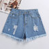 (Giật) Mùa hè trắng quần short denim phụ nữ eo cao khóa lỏng lẻo lỗ viền chân rộng đàn hồi ity mỏng L. 