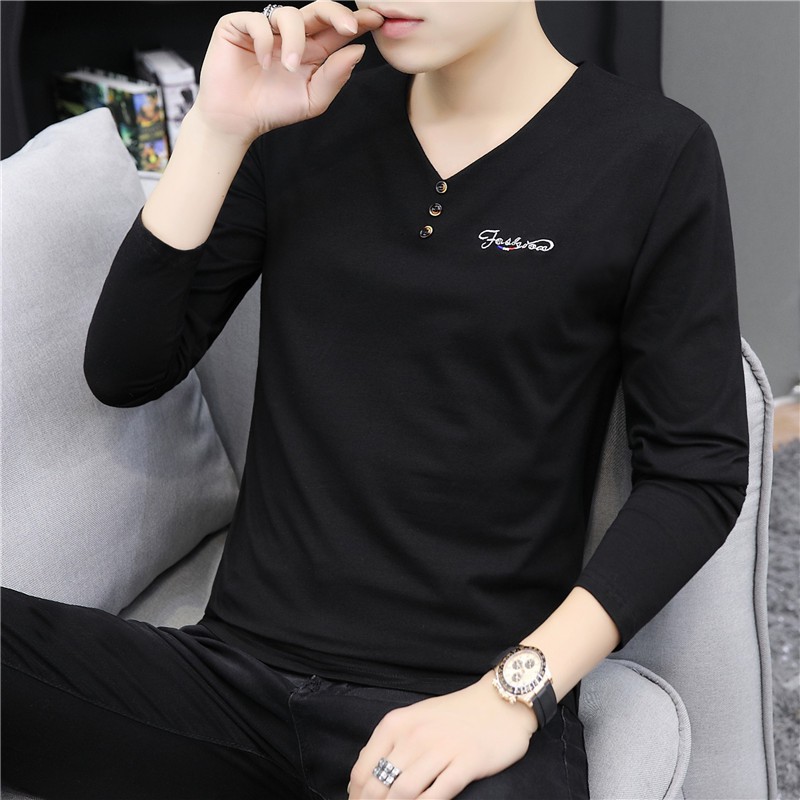 T-shirt mùa thu bông bên ngoài mặc lót mùa thu quần áo đáy dài tay trái tim gà cổ sửa chữa Body áo thun nam 100 nam giới