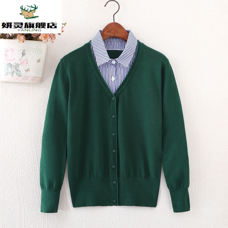 cardigan áo cổ áo giả hai mảnh kích thước đầu mùa xuân phụ nữ dệt kim của bên ngoài điều hòa không khí len áo len áo khoác mỏng