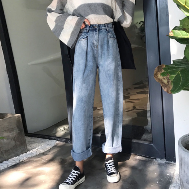 ulzzang Harajuku bf gió mùa thu Hàn Quốc phiên bản của làn sóng quần jean lỏng lẻo của Hàn Quốc cao eo rộng chân quần cô gái