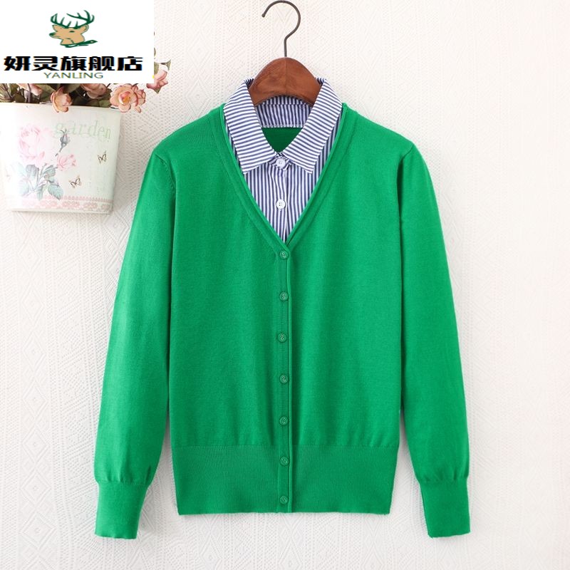 cardigan áo cổ áo giả hai mảnh kích thước đầu mùa xuân phụ nữ dệt kim của bên ngoài điều hòa không khí len áo len áo khoác mỏng