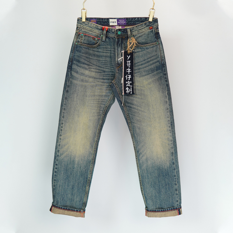 1360 New Style 11-Ounce Selvedge Denim Jeans for Men, Colorful Cotton Versatile Straight-Leg Washed Vintage Men's Pants for Summer