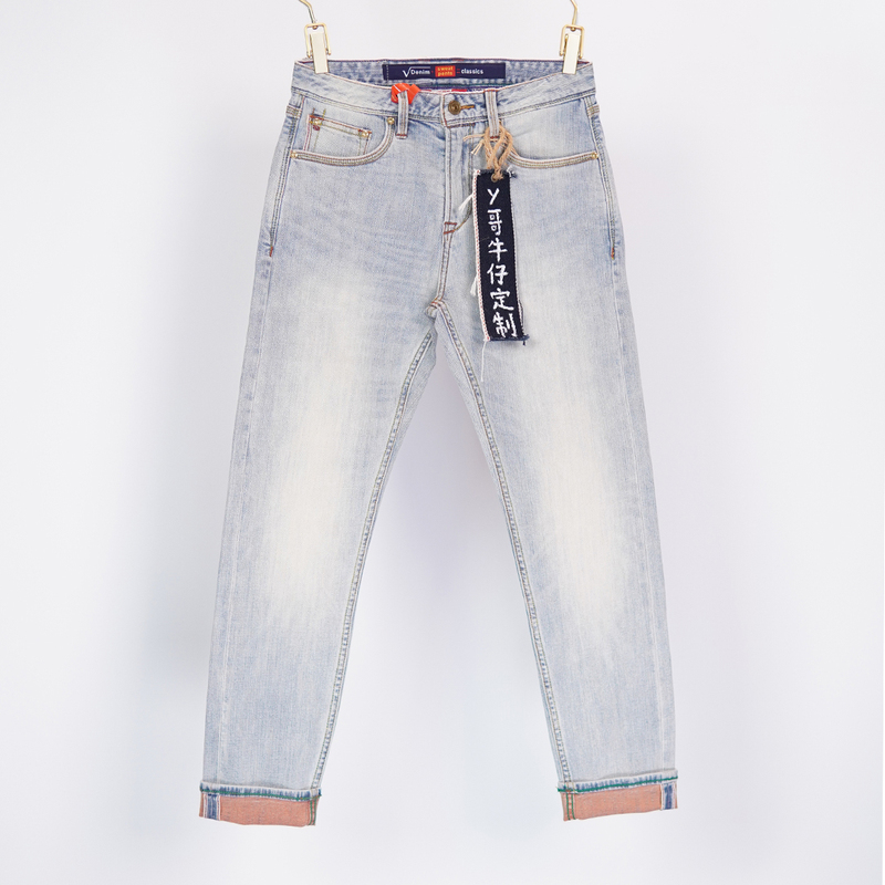 13 oz Selvedge Denim Men's Jeans, Fashionable and Versatile, Light-Colored Washed Stretch Slim Straight-Leg Spring/Summer New Style