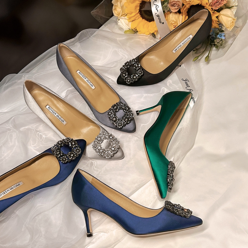 Royeer Viuoar Celebrity Evening Mb Pointed Toe Snowflake Buckle Rhinestone Silk Satin Single Shoes Women's Stiletto Heels