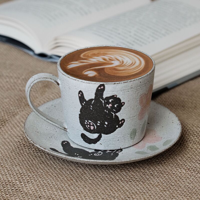 Chunchen Black Cat Coffee Cup with Saucer, Jingdezhen Handmade Ceramic Latte Cup, Coarse Pottery Underglaze Color Hand-Painted Vintage Cute