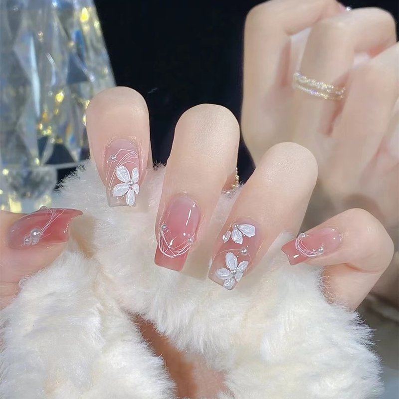 【Handmade Wearable Nails】Spring-Like Gentle Sweetheart Floral Camellia Bridal Nail Art Nail Stickers