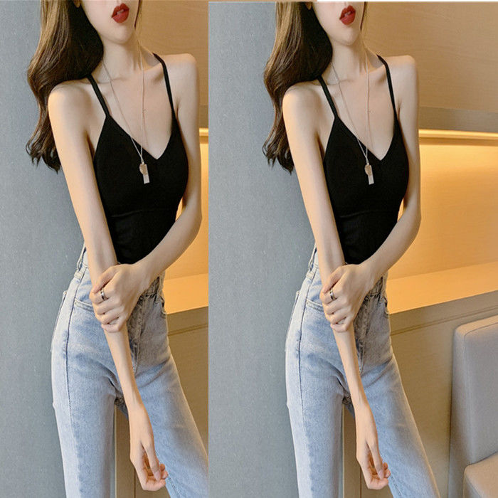 Mang đệm ngực của riêng bạn sling áo vest sexy không tay cổ chữ V Lingling đầu T-shirt mặc bên ngoài vào mùa hè tay nhanh với mô hình tương tự.