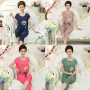 Đồ ngủ mùa hè cho phụ nữ ngắn tay cotton và vải lanh cho bà mẹ trung niên XL - Bộ Pajama