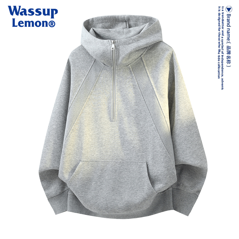 Wassup Lemon American-Style Patchwork Heavyweight Half-Zip Sweatshirt for Men and Women, Retro Couple Loose Hooded Top, Trendy