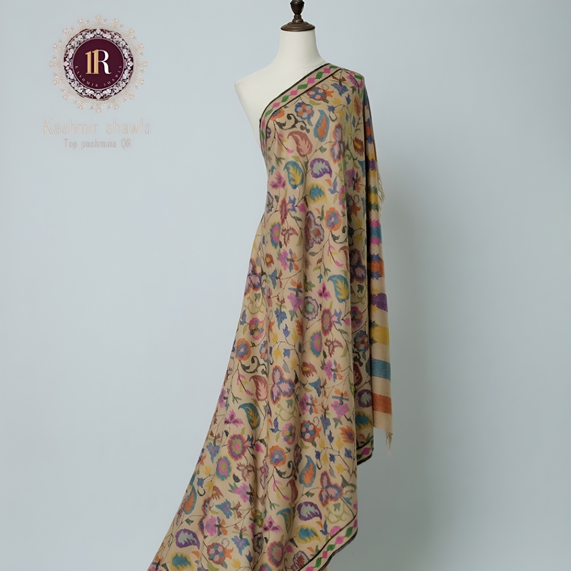 11R Kashmir Qr Certified Lady's Fine Weave Sand Tea Color Elegant Branch Pattern Handmade Shawl