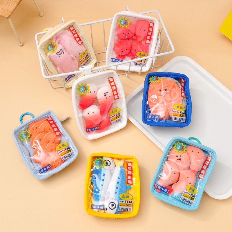Authentic Seafood Market Fresh-Cut Tray Arctic Scallop Sardine Salmon Fillet Shrimp Meat Plush Backpack Pendant