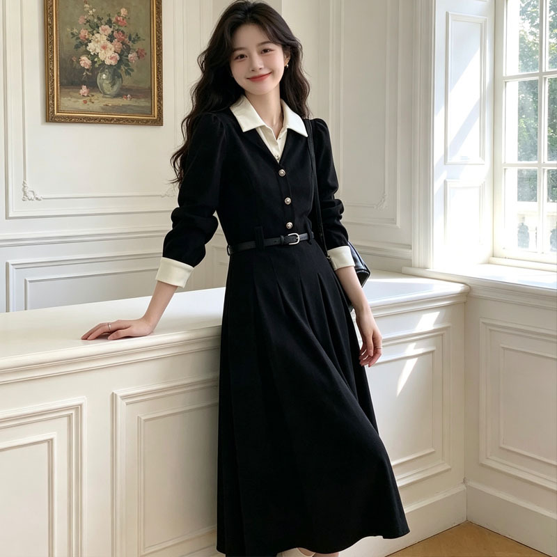 Chanel-Style Black Polo Collar Shirt Dress for Women, New Autumn and Winter Model, Unique and Beautiful, Waist-Cinching, Slimming A-Line Long Dress Chanel-Style Black Polo Collar Shirt Dress for Women, New Autumn and Winter Model, Unique and Beautiful, Waist-Cinching, Slimming A-Line Long Dress