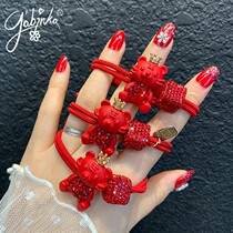 Korea Personality Tiger Year Hair Rope This Year New Year Red Leather Gluten Delicate Crown Little Tiger Head Rope Water Drill Hair Ring