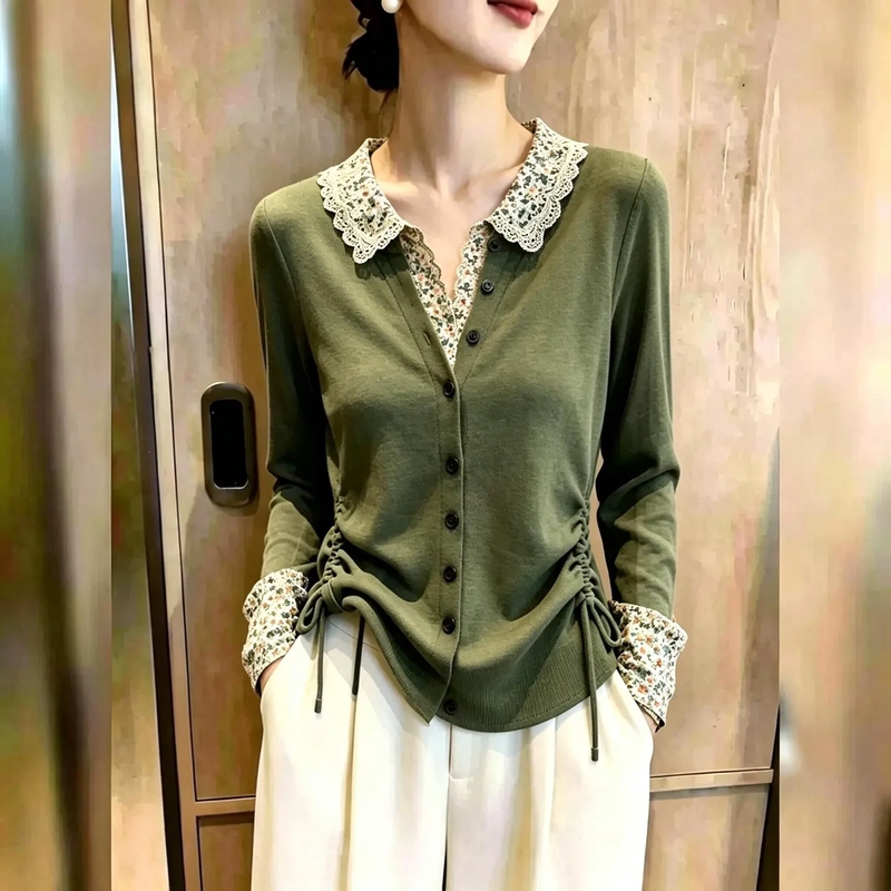 Designed Lace Collar Tie-Up Shirt for Women, Slimming Green Top for Commuting, High-End and Super Stylish, New for Autumn 2026