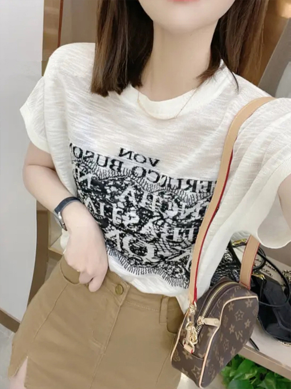 Ice Silk Short-Sleeved T-Shirt for Women 2025 Summer New European Style Letter Print Loose Thin Half-Sleeve Top